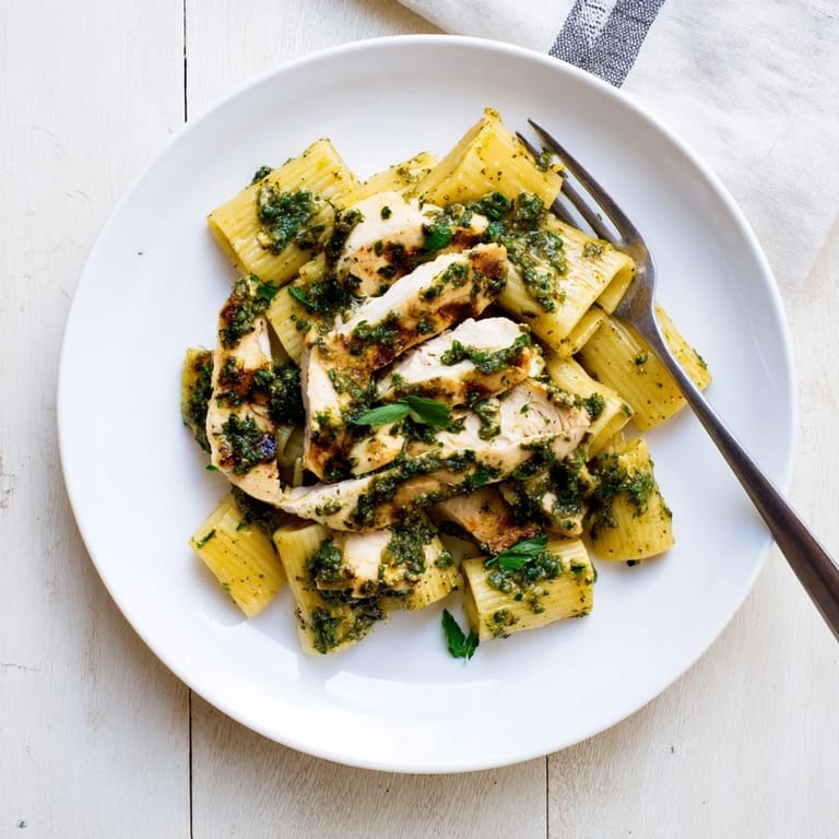 Succulent chicken tossed with pasta, finished with a generous pour of tangy chimichurri for a fresh fusion dinner.
