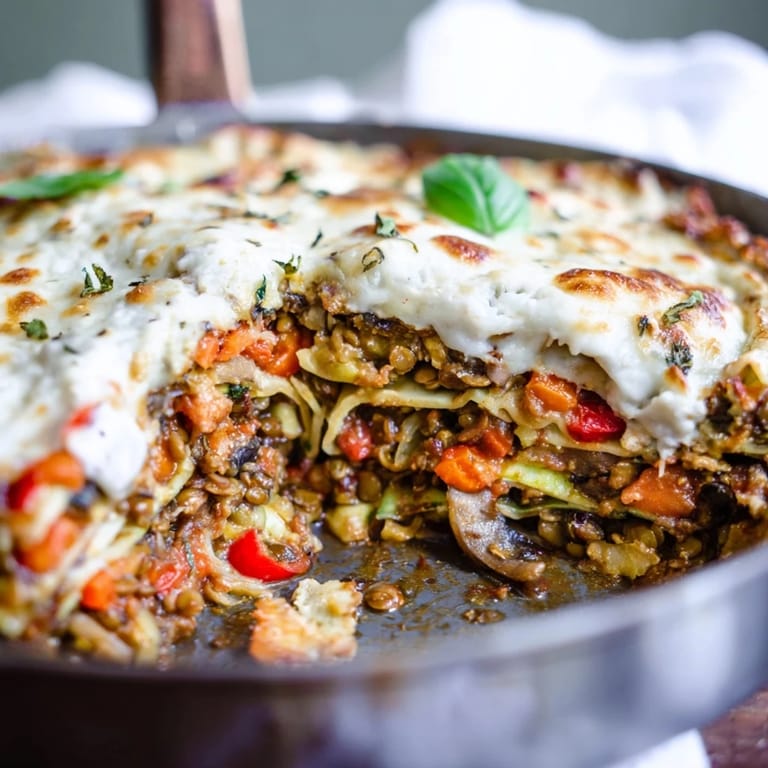 Hearty One-Pan Smoky Veggie Lentil Lasagne layers of tender vegetables and lentils in a rich, creamy béchamel sauce.