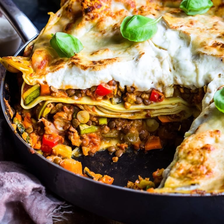 Easy One-Pan Smoky Veggie Lentil Lasagne with smoky paprika, mushrooms, and courgettes on a rustic wooden table.