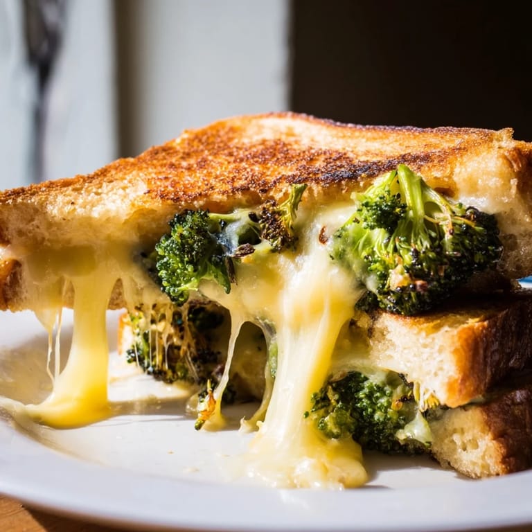 Sliced Roasted Broccoli & Cheddar Grilled Cheese on a plate, ready to serve, highlighting the vibrant green vegetables and melted cheese.
