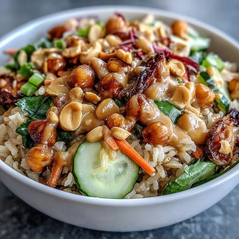 Forkful of Peanut Chickpea Rice Bowl showcasing shredded carrots, red cabbage, and cucumber on fluffy brown rice.