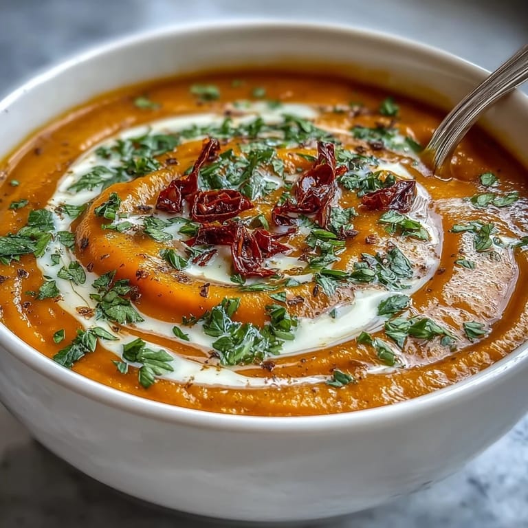 Close-up texture of creamy Carrot, Celeriac, and Chilli Soup showing smooth puree and fresh garnishes.  