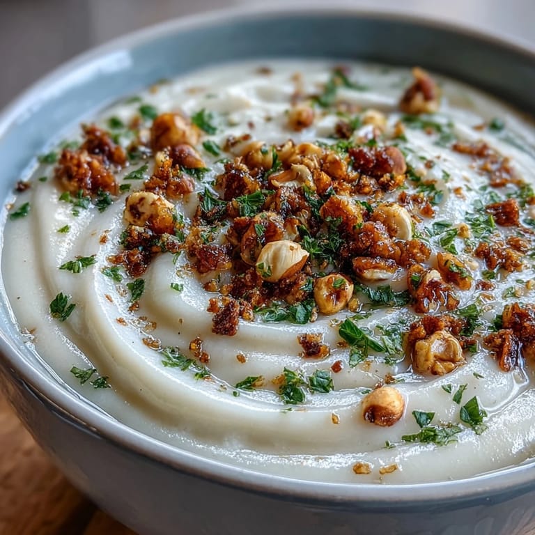 Creamy celeriac soup with hazelnut crumble, garnished with fresh parsley for color.
