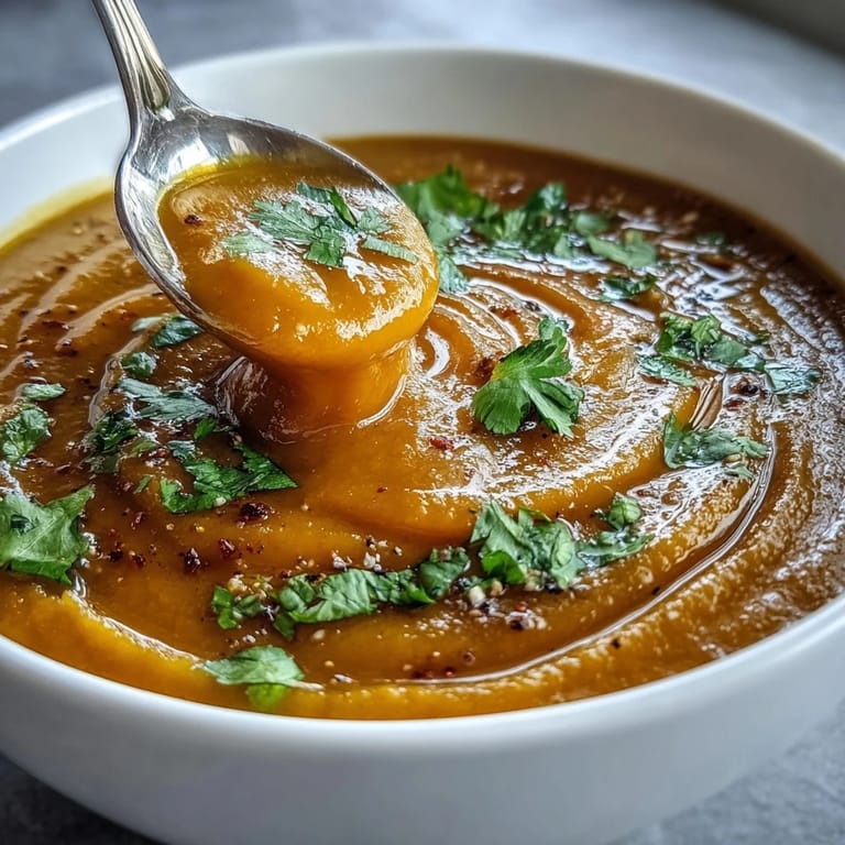 Golden butternut squash and lentil soup pureed smooth, topped with parsley and ready to enjoy with crusty bread.