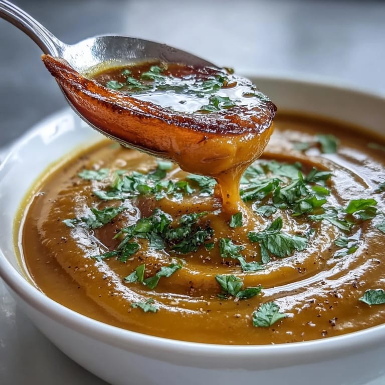 Velvety roasted butternut squash and lentil soup simmered with warming spices, served steaming in a white ceramic mug.