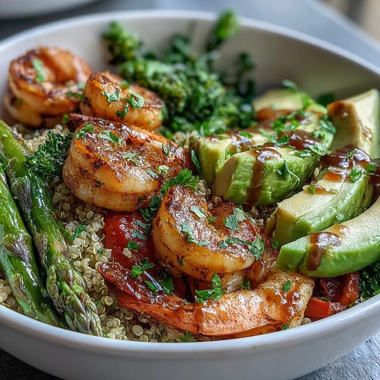 Freshly assembled detox Buddha bowl featuring succulent shrimp, fluffy quinoa, diced tomato, and a balsamic olive oil drizzle. 