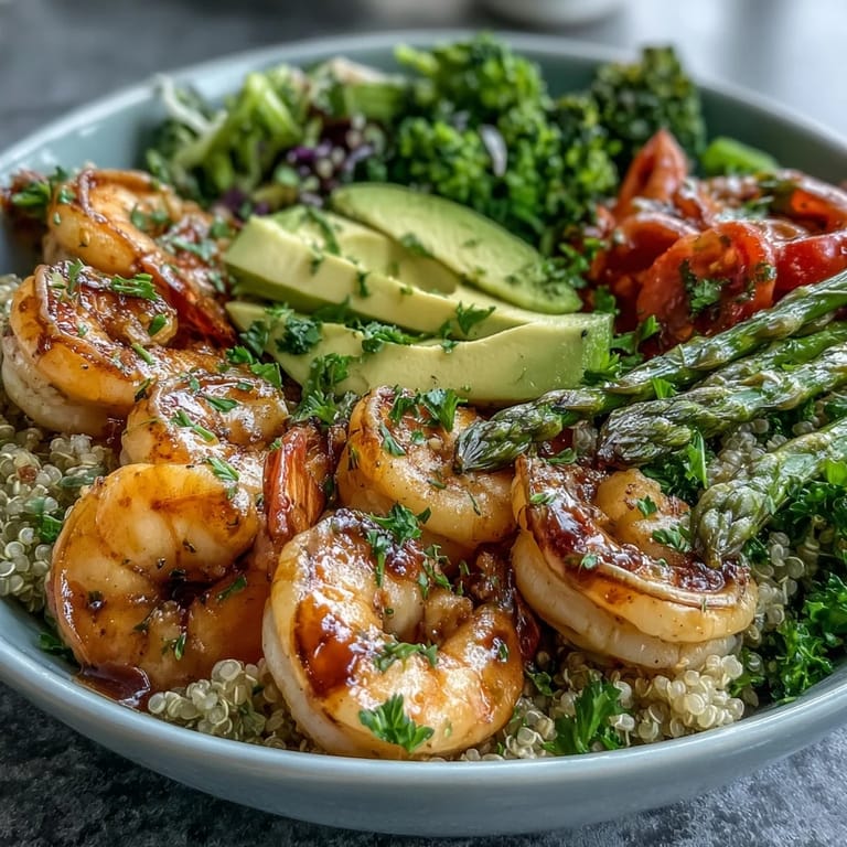 Vibrant detox Buddha bowl with pan-seared shrimp, quinoa, avocado, and roasted broccoli served with a lemon wedge.