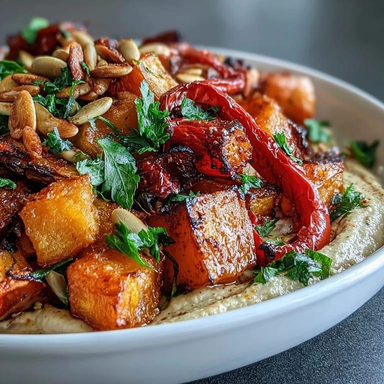 A close-up of Roast Squash and Hummus Winter Salad shows caramelized peppers and herbs, ready to serve as a nourishing vegetarian main dish.  