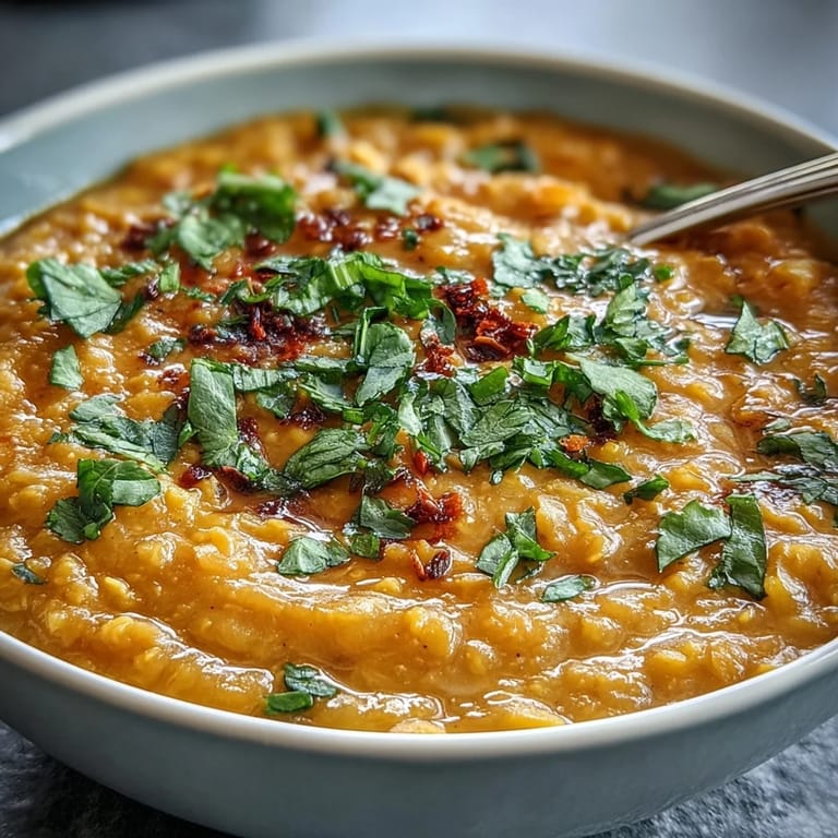 A close-up of aromatic dhal with tender red lentils and crisp, spiced cauliflower, perfect for a comforting vegan dinner.  