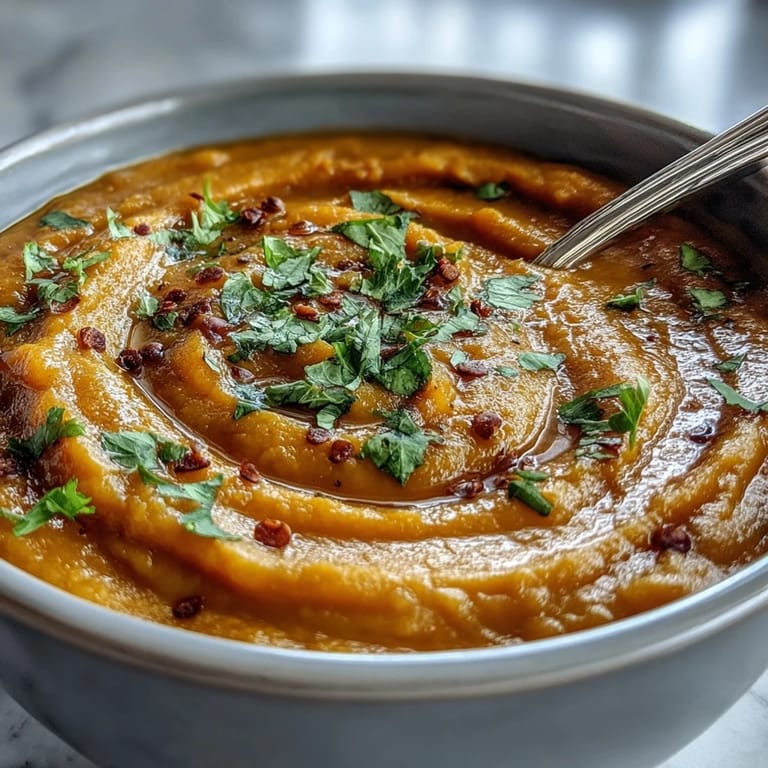 Vibrant orange dhal topped with golden roasted cauliflower and cilantro, paired with a fluffy side of basmati rice.