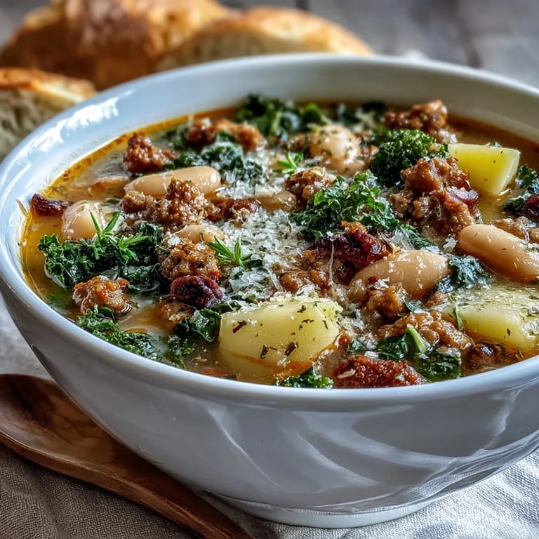 Close-up of Tuscan White Bean Sausage Soup revealing creamy cannellini beans, sausage crumbles, and vibrant olive oil drizzle.
