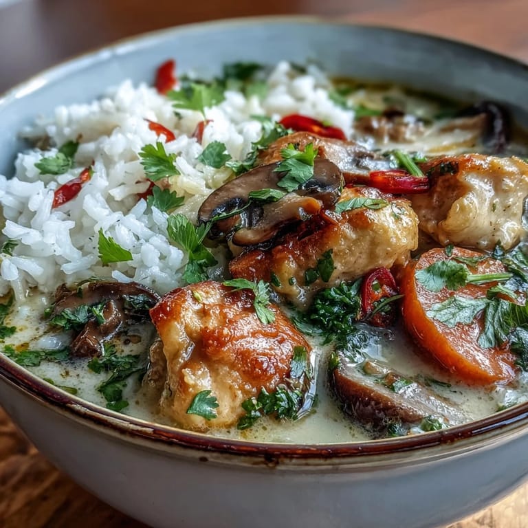 Hearty Thai Coconut Curry Soup features colorful carrots, chicken, and aromatic herbs, served in a rustic ceramic bowl.
