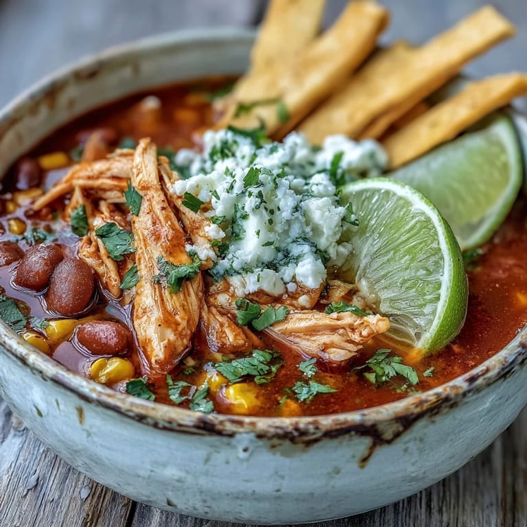 Tender chicken and pinto beans swim in a richly spiced tomato broth of Chicken Tortilla Soup, garnished with cotija cheese and lime wedges.  