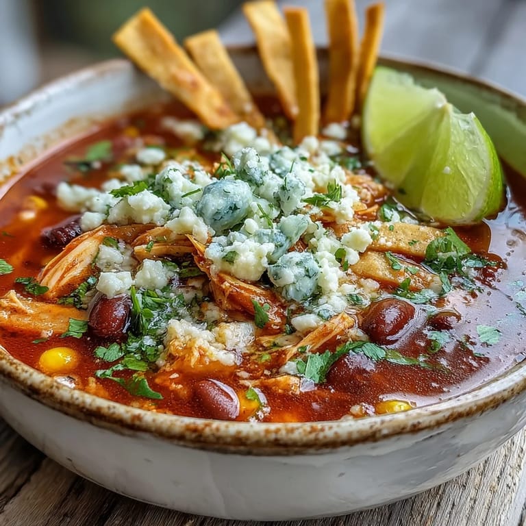 Homemade Chicken Tortilla Soup simmering in a pot, featuring aromatic spices, diced vegetables, and ready for avocado and crispy tortilla toppings.