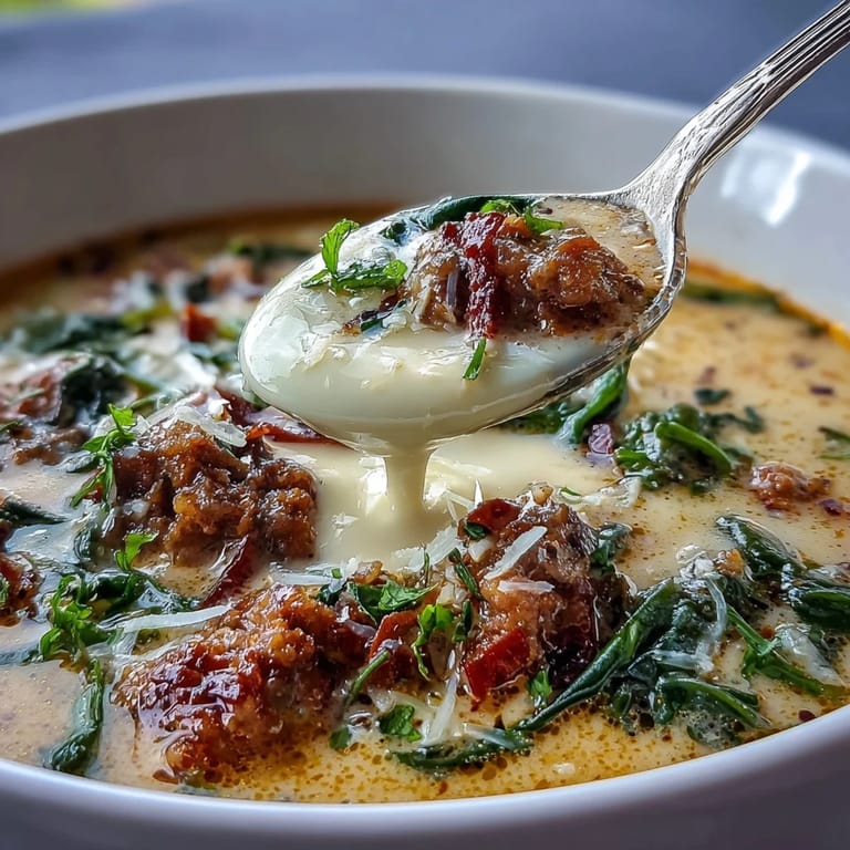 Close-up of Epic Creamy Tuscan White Bean Soup with sausage crumbles, tender beans, and wilted spinach in creamy broth.