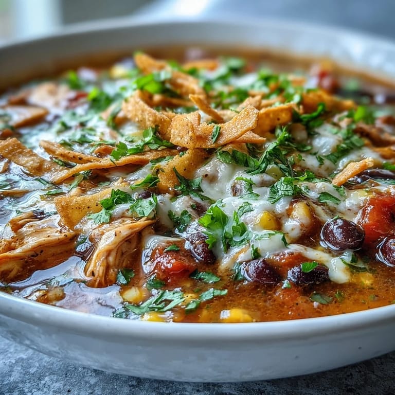 Easy Chicken Tortilla Soup in a rustic bowl, garnished with lime wedges, jalapeños, and creamy cheese.  