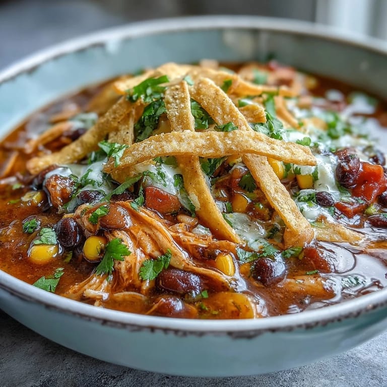 A hearty serving of Easy Chicken Tortilla Soup with black beans, corn, and Rotel tomatoes in rich broth.