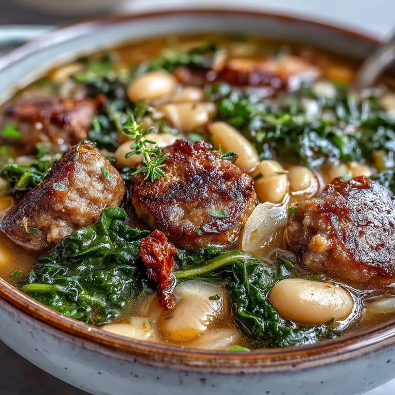 A rustic bowl of Italian White Bean Soup with Kale and Sausage, topped with grated Parmesan and a drizzle of olive oil.