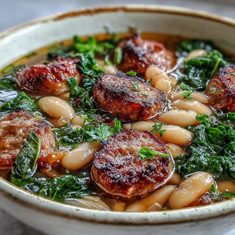 Hearty Italian White Bean Soup with Kale and Sausage bubbling in a pot, featuring vibrant green kale and golden roasted garlic.