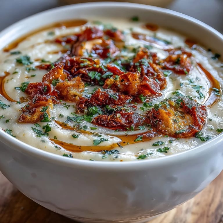 A spoon dips into velvety Creamy Tuscan White Bean Soup, revealing sun-dried tomatoes and herbs in the steamy broth.