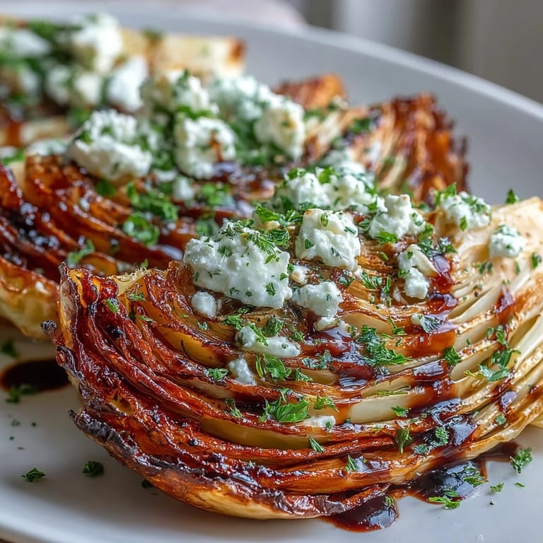A close-up of Crispy Cabbage Steaks With Feta and Balsamic drizzled with glaze next to grilled chicken.
