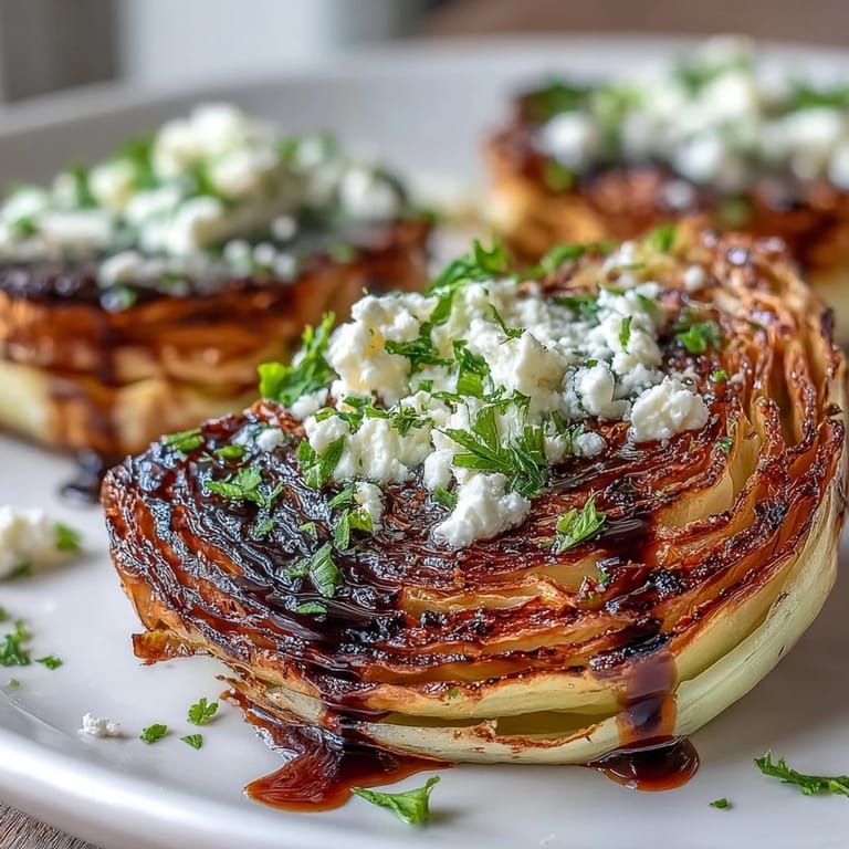 Four Crispy Cabbage Steaks With Feta and Balsamic topped with crumbled cheese and fresh parsley garnish.