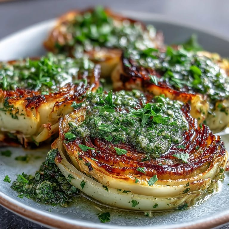 Thick roasted cabbage steaks drizzled with fresh jalapeño chimichurri, garnished with parsley and sliced jalapeños.