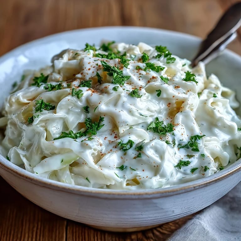 Rich Creamed Cabbage cooked in a skillet, featuring soft cabbage leaves coated in a savory cream sauce.