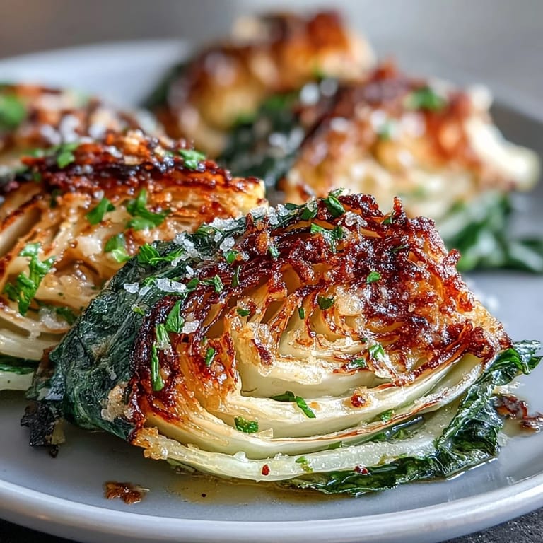 Golden Roasted Garlic Parmesan Cabbage Wedges served warm on a platter, perfect alongside grilled chicken or hearty steak dinners.