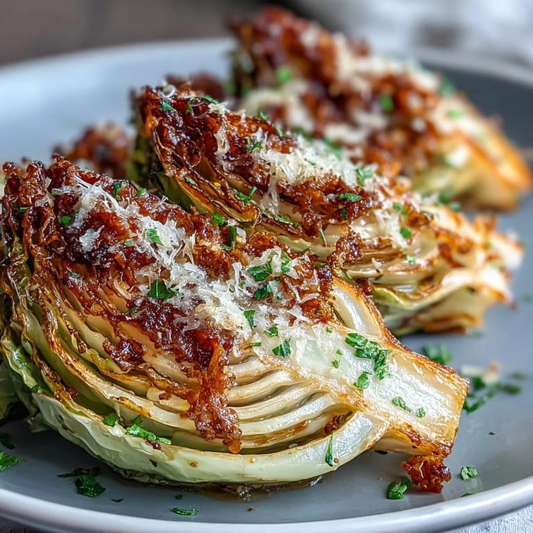 A close-up of Roasted Garlic Parmesan Cabbage Wedges, highlighting the tender interior and browned, crunchy Parmesan topping.