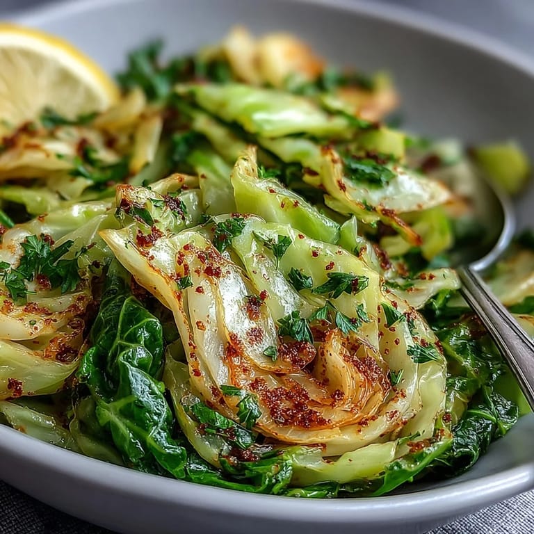 Tender green cabbage sautéed with garlic and spices, served warm with lemon wedges for a bright, zesty finish.