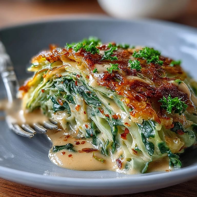 A skillet of Coconut Braised Cabbage with wilted greens and a rich, golden-hued sauce.