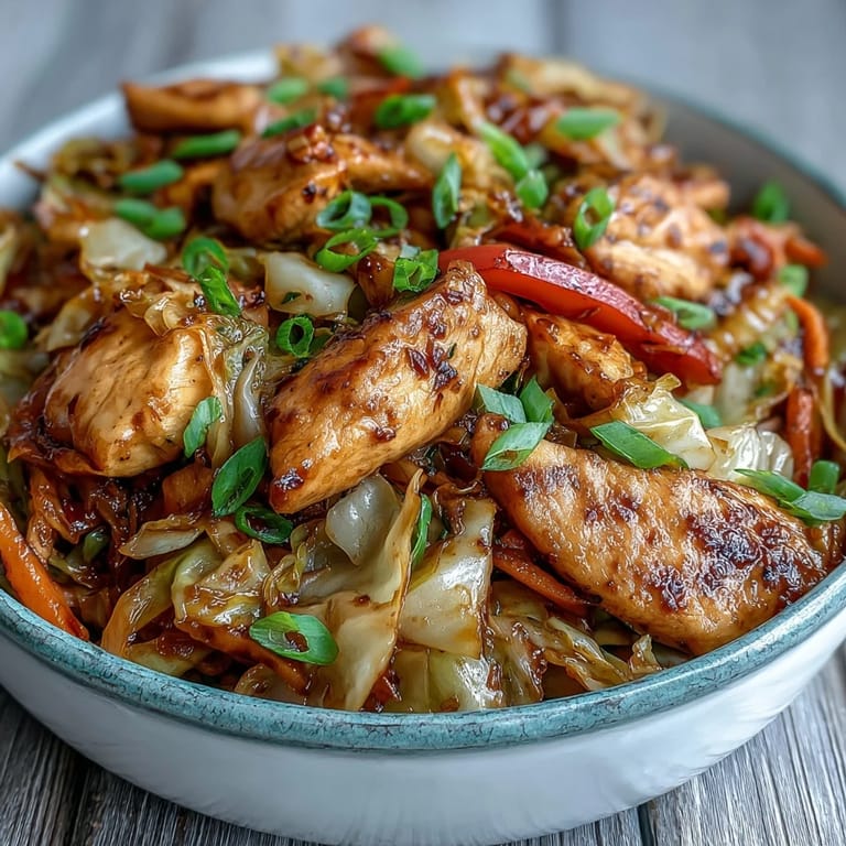 Savory Chicken Cabbage Stir-Fry with vibrant vegetables and juicy chicken, garnished with fresh green onions and sesame seeds.
