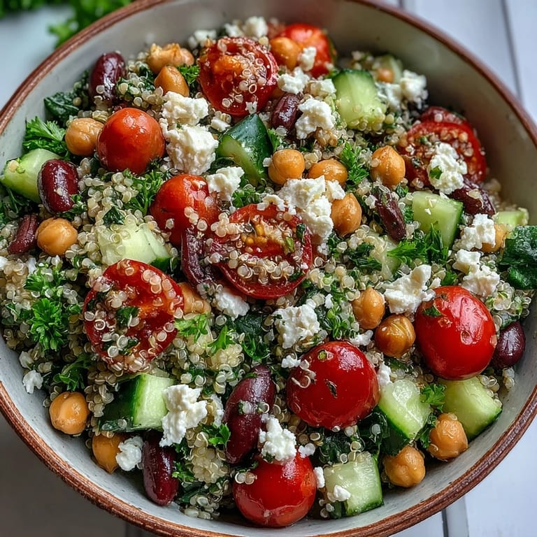 Served in a rustic white bowl, the High Protein Quinoa & Chickpea Salad offers a nutritious, high-protein meal with Mediterranean-inspired herbs and textures.