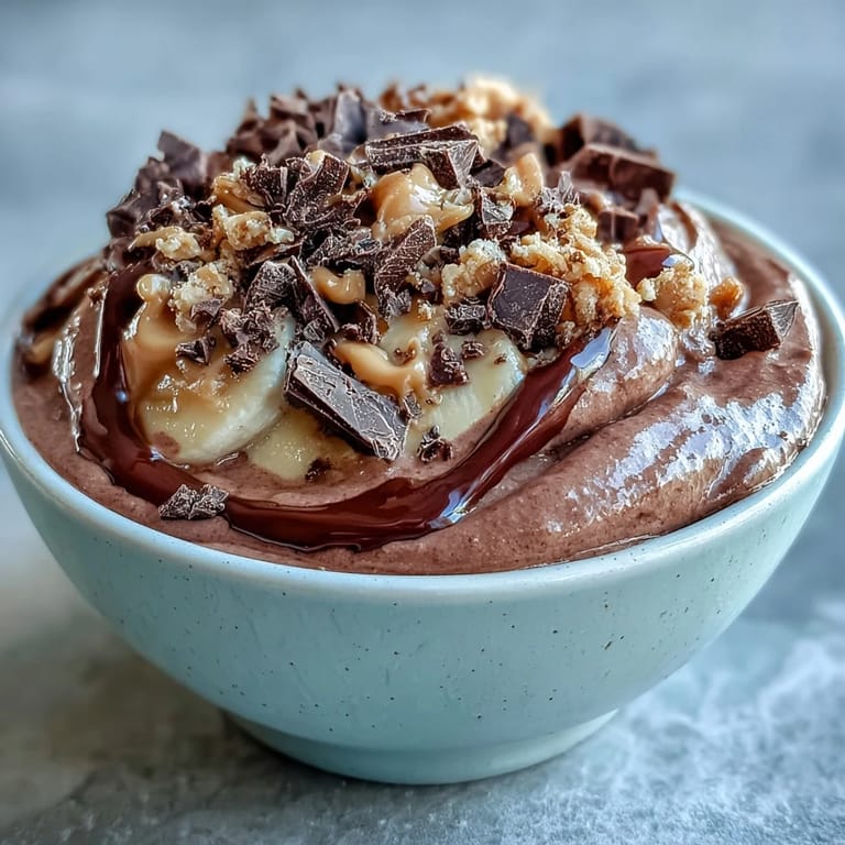 Frozen bananas blend with cocoa and peanut butter for a thick, frosty breakfast bowl garnished with dark chocolate and oats.