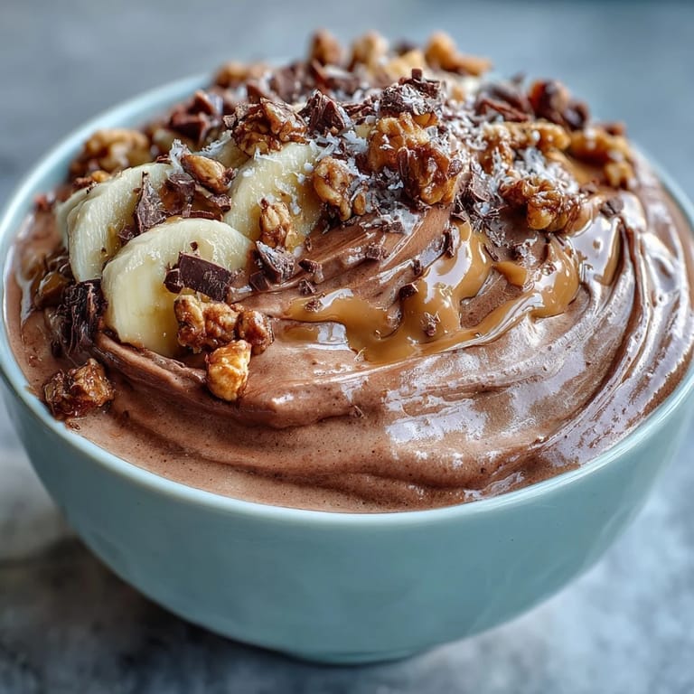 A nutritious dessert-like smoothie bowl featuring Greek yogurt, cocoa, and peanut butter, finished with sliced bananas and crunchy granola.
