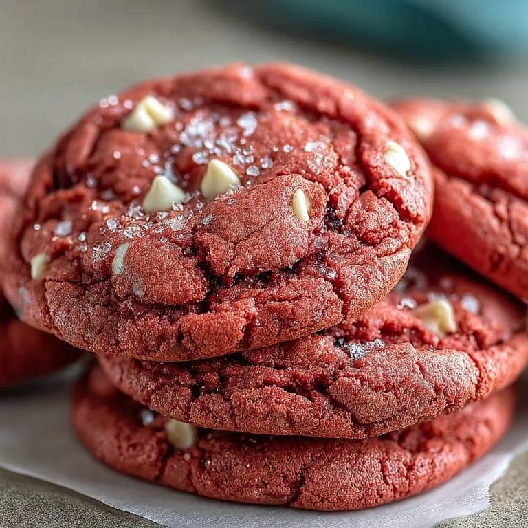 A close-up of Pink Velvet Cookies, showcasing their chewy texture and generous white chocolate chip pieces, perfect for a festive treat.