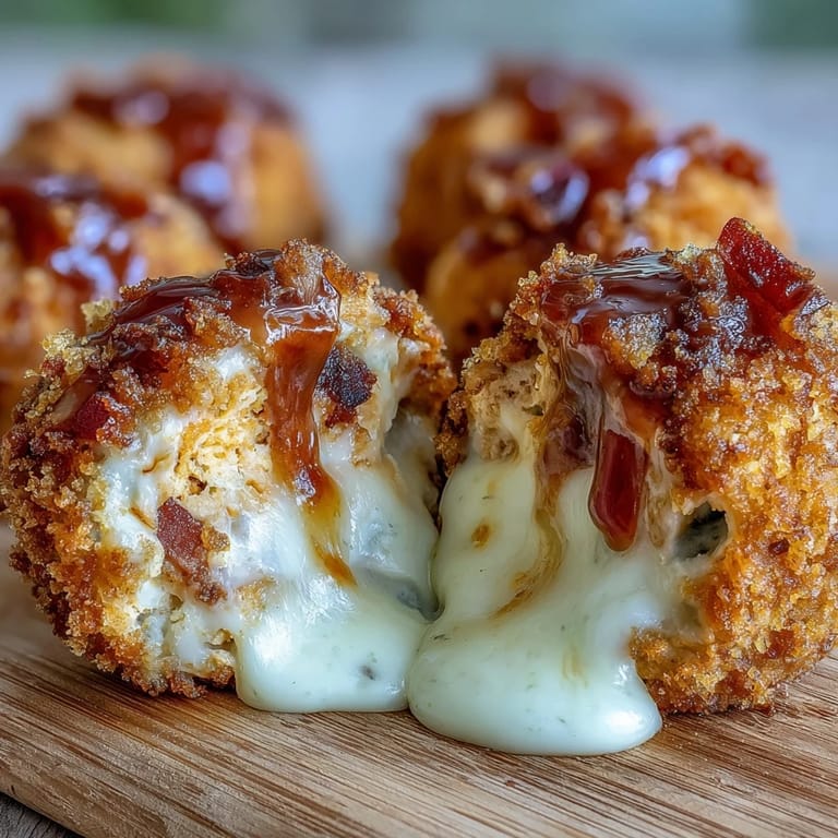 Crunchy panko-coated appetizer balls reveal melted mozzarella and spicy buffalo chicken when sliced open.
