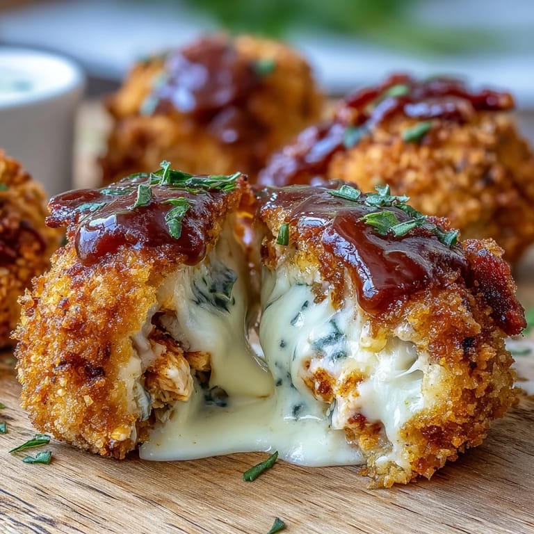 A platter of homemade Buffalo Chicken Bacon Mozzarella Bombs garnished with fresh parsley and bacon bits.