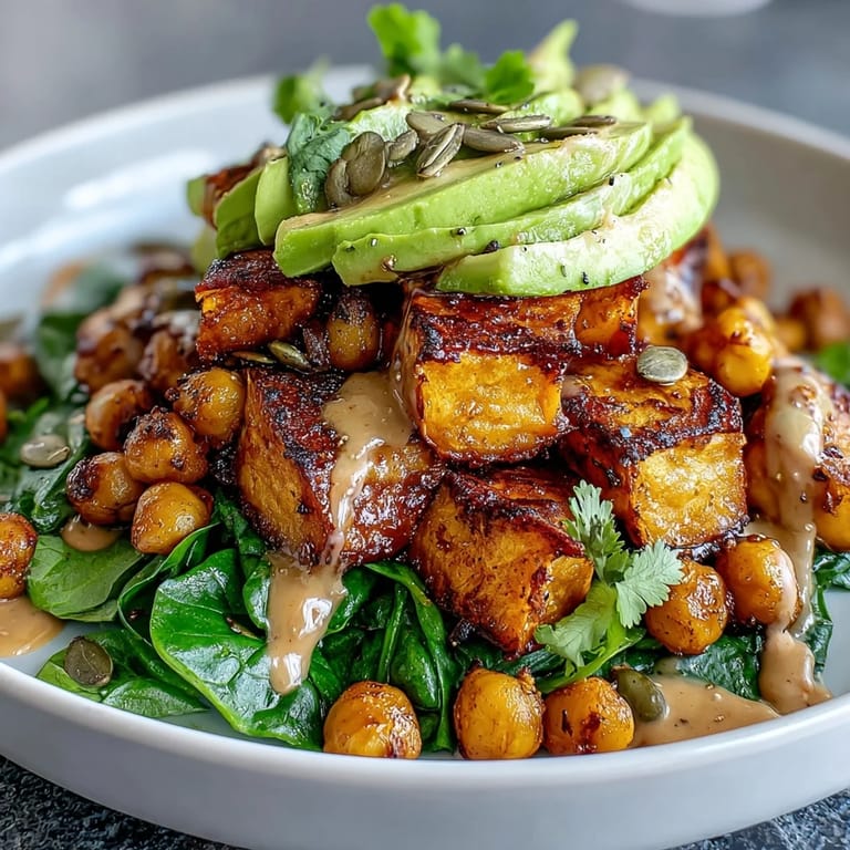 Garlicky spinach and crispy chickpeas mingling with tender sweet potatoes in a vibrant lunch bowl.