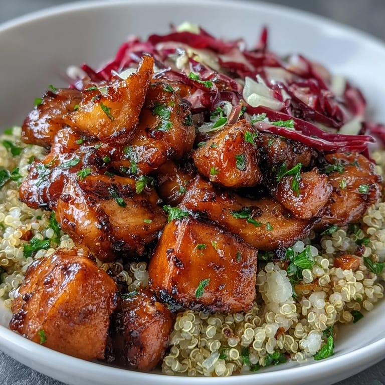 A vibrant bowl of fluffy quinoa and Hot Honey Chicken Bowl drizzled with tangy mustard dressing.