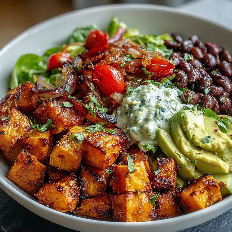 A vibrant Sweet Potato and Black Bean Bowl featuring golden roasted vegetables and zesty lime dressing.