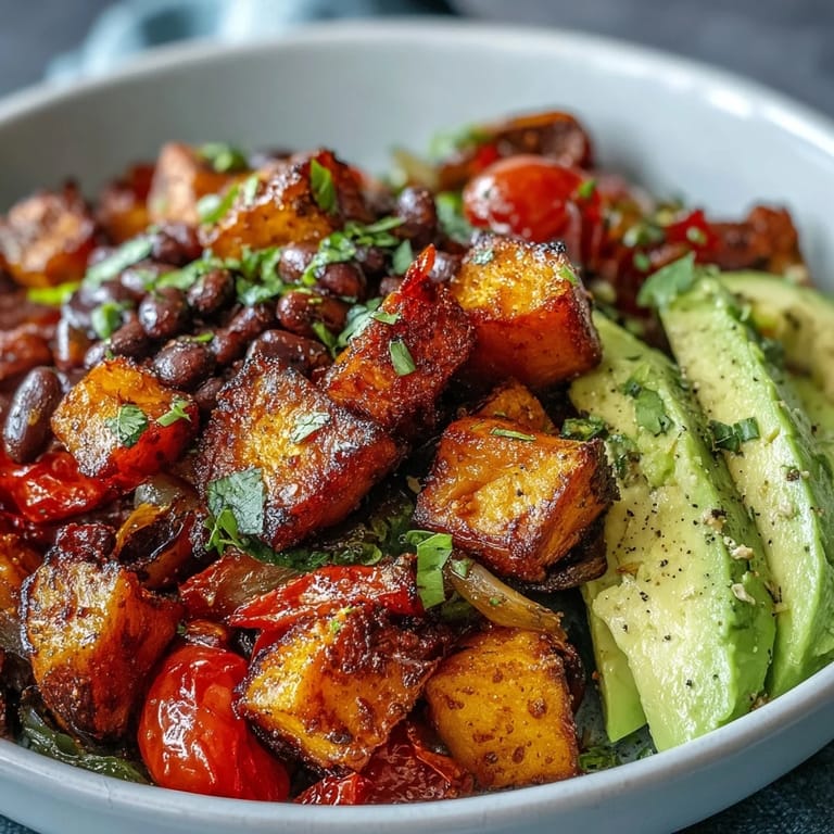 Colorful Tex-Mex Sweet Potato and Black Bean Bowl served warm over salad greens with avocado slices.