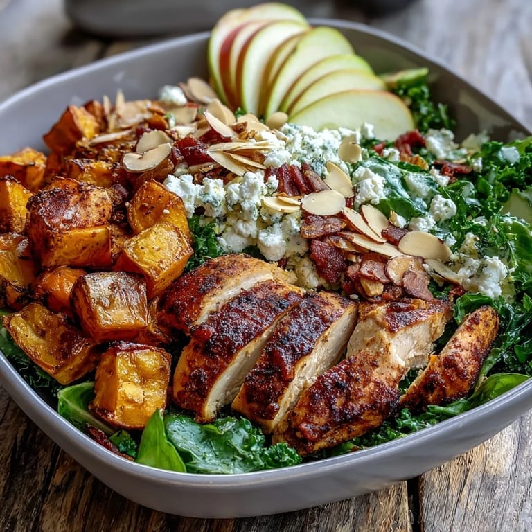 Sliced apples and creamy goat cheese garnish the Fall Sweet Potato Harvest Bowl, with crunchy toasted almonds adding texture.