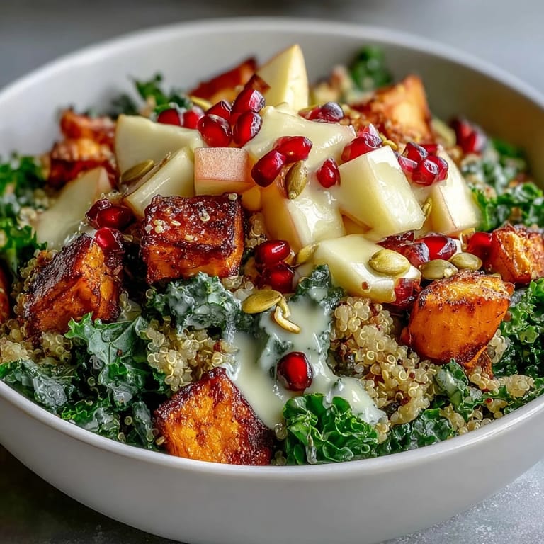 This easy vegetarian bowl features massaged kale, crisp apple, and a tangy maple-mustard dressing ready to drizzle.