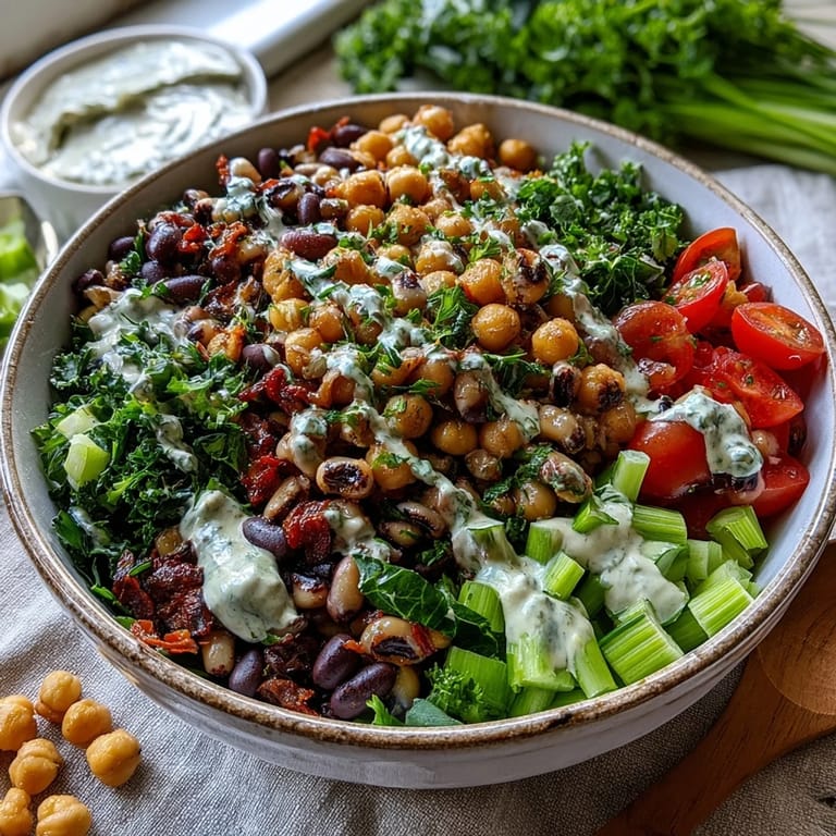 Vibrant New Years Hoppin John Salad featuring chickpeas, black-eyed peas, rice, tomatoes, and celery tossed in tangy dressing.