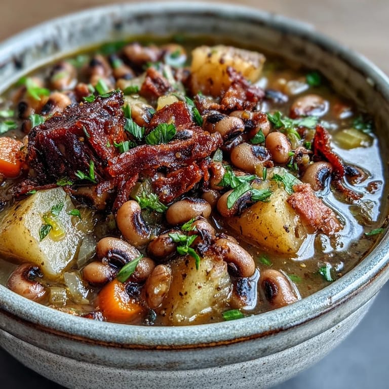 Black-Eyed Pea Stew with Smoked Ham Hocks simmering in a Dutch pot, showcasing tender ham pieces and vegetables.
