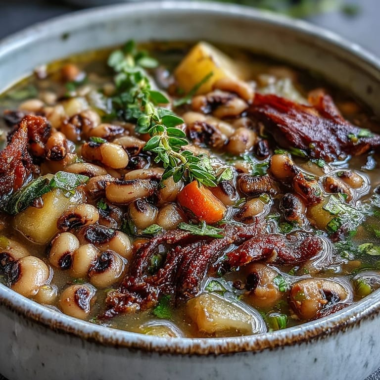 Rich Black-Eyed Pea Stew with Smoked Ham Hocks ladled into a rustic bowl next to a wedge of cornbread.
