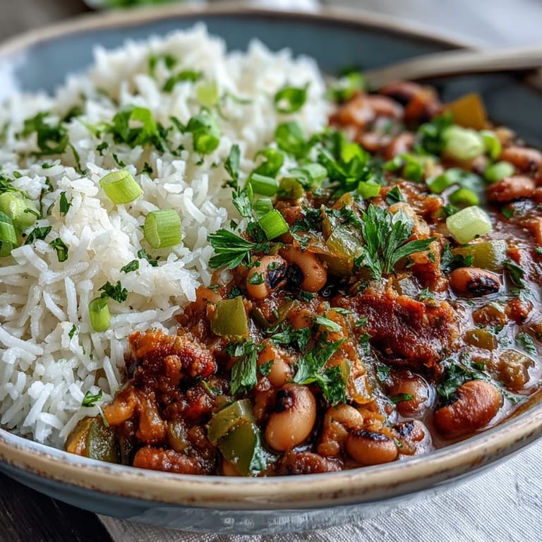 Savory black-eyed peas and vegetables simmering together in a pot.
