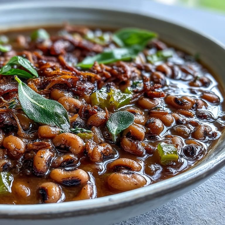 Hearty Classic New Years Black-Eyed Peas simmered in a Dutch oven with savory smoked pork.